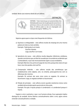 16 Raciocínio Lógico - Unidade 3
verdade. Neste caso estamos diante de um sofisma.
DEFINIÇÃO
SOFISMA –“não é mais do que um raciocínio falso. Esta
falsidadepodenascerdamáaplicaçãodoraciocínioem
premissas certas ou do raciocínio certo em premissas
falsas. O sofisma pode ou não ser empregado com
intenção de enganar”(NERICI, p. 77).
Vejamos agora quais os tipos mais frequentes de Sofisma.
a)	 Equívoco e ambiguidade – este sofisma resulta do emprego de uma mesma
palavra em dois ou mais sentidos.
Exemplo: Toda barata é um inseto.
	Esta flor é barata.
	Logo, esta flor é um inseto.
b)	 	Ignorância da causa – este sofisma resulta daquelas inferências cotidianas,
quando concluímos que um fato foi causado por circunstâncias acidentais que
o antecederam, e que não necessariamente sejam a causa verdadeira.
Exemplo: Não levo meu primo em jogo do meu time, porque das vezes em que
levei, meu time perdeu: ele é pé frio.
c)	 Comparação indevida – este sofisma resulta das semelhanças que
estabelecemos entre objetos, sem, no entanto, preocuparmo-nos com as
diferenças dos mesmos.
Exemplo: Os animais são seres vivos como os vegetais. Os animais se
locomovem. Logo, os vegetais também se locomovem.
d)	 	Petição de princípio – este sofisma ocorre quando resolvemos tomar como
verdade demonstrada aquilo que já está em discussão.
Exemplo: Tal ação é injusta porque é condenável; e é condenável porque é
injusta.
Superar o erro é, portanto, o que o ser humano almeja. Essa superação implica
distingui-lo da verdade. Acima falamos conceitualmente sobre o erro, agora vamos
entender conceitualmente a verdade.
 