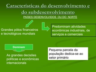 Características do desenvolvimento e do subdesenvolvimentoPAÍSES DESENVOLVIDOS  OU DO  NORTEPredominam atividades econômicas industriais, de serviços e comerciaisGrandes pólos financeiros e tecnológicos mundiaisDominamPequena parcela da população dedica-se ao setor primárioAs grandes decisões políticas e econômicas internacionais