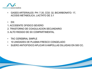 • GASES ARTERIALES: PH: 7.35, CO2: 32, BICARBONATO: 17,
ACOSIS METABOLICA, LACTATO DE 3.1
• DX:
1. ACCIDENTE OFIDICO SEVERO
2. TRASTORNO DE COAGULACION SECUNDARIO
3. ALTO RIESGO DE SX COMPARTIMENTAL
• TAC CEREBRAL SIMPLE
• 10 UNIDADES DE PLASMA FRESCO CONGELADO
• SUERO ANTIOFIDICO APLICAR 8 AMPOLLAS DILUIDAS EN 500 CC.
 
