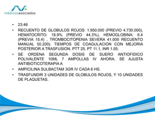 • 23:46
• RECUENTO DE GLOBULOS ROJOS: 1.950.000 (PREVIO 4.730.000),
HEMATOCRITO: 18.9% (PREVIO 44.3%), HEMOGLOBINA: 6.4
(PREVIA 15.4) , TROMBOCITOPENIA SEVERA 41.000 RECUENTO
MANUAL 50.200). TIEMPOS DE COAGULACION CON MEJORIA
POSTERIOR A TRASFUSION. PTT 25, PT 11.1, INR 1.05.
• SE ORDENA SEGUNDA DOSIS DE SUERO ANTIOFIDICO
POLIVALENTE 10ML 7 AMPOLLAS IV AHORA. SE AJUSTA
ANTIBIOTICOTERAPIA A
• AMPICILINA SULBACTAM 3GR IV CADA 6 HS.
• TRASFUNDIR 3 UNIDADES DE GLOBULOS ROJOS, Y 10 UNIDADES
DE PLAQUETAS.
 