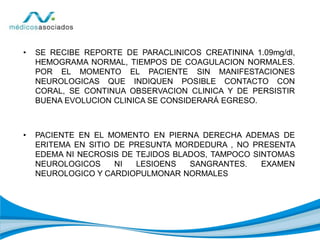 • SE RECIBE REPORTE DE PARACLINICOS CREATININA 1.09mg/dl,
HEMOGRAMA NORMAL, TIEMPOS DE COAGULACION NORMALES.
POR EL MOMENTO EL PACIENTE SIN MANIFESTACIONES
NEUROLOGICAS QUE INDIQUEN POSIBLE CONTACTO CON
CORAL, SE CONTINUA OBSERVACION CLINICA Y DE PERSISTIR
BUENA EVOLUCION CLINICA SE CONSIDERARÁ EGRESO.
• PACIENTE EN EL MOMENTO EN PIERNA DERECHA ADEMAS DE
ERITEMA EN SITIO DE PRESUNTA MORDEDURA , NO PRESENTA
EDEMA NI NECROSIS DE TEJIDOS BLADOS, TAMPOCO SINTOMAS
NEUROLOGICOS NI LESIOENS SANGRANTES. EXAMEN
NEUROLOGICO Y CARDIOPULMONAR NORMALES
 