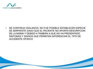 • SE CONTINUA VIGILANCIA. NO FUE POSIBLE ESTABLECER ESPECIE
DE SERPIENTE DADO QUE EL PACIENTE NO APORTA DESCRIPCION
DE LA MISMA Y DEBIDO A TAMBIEN A QUE NO HA PRESENTADO
SINTOMAS Y SIGNOS QUE PERMITAN DIFERENCIAR EL TIPO DE
ACCIDENTE OFIDICO
 