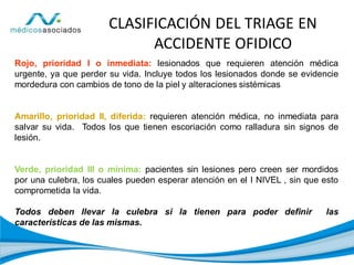 Rojo, prioridad I o inmediata: lesionados que requieren atención médica
urgente, ya que perder su vida. Incluye todos los lesionados donde se evidencie
mordedura con cambios de tono de la piel y alteraciones sistémicas
Amarillo, prioridad II, diferida: requieren atención médica, no inmediata para
salvar su vida. Todos los que tienen escoriación como ralladura sin signos de
lesión.
Verde, prioridad III o mínima: pacientes sin lesiones pero creen ser mordidos
por una culebra, los cuales pueden esperar atención en el I NIVEL , sin que esto
comprometida la vida.
Todos deben llevar la culebra si la tienen para poder definir las
características de las mismas.
CLASIFICACIÓN DEL TRIAGE EN
ACCIDENTE OFIDICO
 