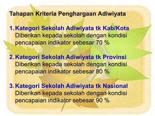 Tahapan Kriteria Penghargaan Adiwiyata
1.Kategori Sekolah Adiwiyata tk Kab/Kota
Diberikan kepada sekolah dengan kondisi
pencapaian indikator sebesar 70 %
2.Kategori Sekolah Adiwiyata tk Provinsi
Diberikan kepada sekolah dengan kondisi
pencapaian indikator sebesar 80 %
3.Kategori Sekolah Adiwiyata tk Nasional
Diberikan kepada sekolah dengan kondisi
pencapaian indikator sebesar 90 %
 