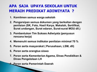 APA SAJA UPAYA SEKOLAH UNTUK
MERAIH PREDIKAT ADIWIYATA ?
1. Komitmen semua warga sekolah
2. Pengarsipan semua dokumen yang berkaitan dengan
penilaian (SK, Foto, Hasil Karya, Makalah, Sertifikat,
Surat undangan, Surat edaran, Surat-surat MOU dll.)
3. Pembentukan Tim Sukses Adiwiyata (penyusun
rencana kerja)
4. Memenuhi semua indikator penilaian minimal 70 %
5. Peran serta masyarakat ( Perusahaan, LSM, dll)
6. Peran serta orangtua siswa
7. Peran serta Kementerian Agama, Dinas Pendidikan &
Dinas Pengelolaan LH
8. Peran serta Pemerintah Daerah
 