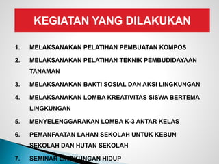 KEGIATAN YANG DILAKUKAN
1. MELAKSANAKAN PELATIHAN PEMBUATAN KOMPOS
2. MELAKSANAKAN PELATIHAN TEKNIK PEMBUDIDAYAAN
TANAMAN
3. MELAKSANAKAN BAKTI SOSIAL DAN AKSI LINGKUNGAN
4. MELAKSANAKAN LOMBA KREATIVITAS SISWA BERTEMA
LINGKUNGAN
5. MENYELENGGARAKAN LOMBA K-3 ANTAR KELAS
6. PEMANFAATAN LAHAN SEKOLAH UNTUK KEBUN
SEKOLAH DAN HUTAN SEKOLAH
7. SEMINAR LINGKUNGAN HIDUP
 