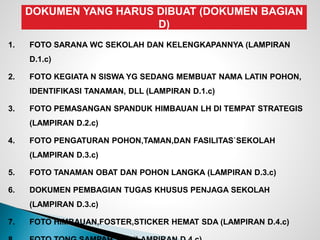DOKUMEN YANG HARUS DIBUAT (DOKUMEN BAGIAN
D)
1. FOTO SARANA WC SEKOLAH DAN KELENGKAPANNYA (LAMPIRAN
D.1.c)
2. FOTO KEGIATA N SISWA YG SEDANG MEMBUAT NAMA LATIN POHON,
IDENTIFIKASI TANAMAN, DLL (LAMPIRAN D.1.c)
3. FOTO PEMASANGAN SPANDUK HIMBAUAN LH DI TEMPAT STRATEGIS
(LAMPIRAN D.2.c)
4. FOTO PENGATURAN POHON,TAMAN,DAN FASILITAS`SEKOLAH
(LAMPIRAN D.3.c)
5. FOTO TANAMAN OBAT DAN POHON LANGKA (LAMPIRAN D.3.c)
6. DOKUMEN PEMBAGIAN TUGAS KHUSUS PENJAGA SEKOLAH
(LAMPIRAN D.3.c)
7. FOTO HIMBAUAN,FOSTER,STICKER HEMAT SDA (LAMPIRAN D.4.c)
 