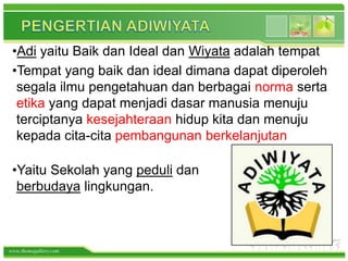 www.themegallery.com
•Yaitu Sekolah yang peduli dan
berbudaya lingkungan.
•Adi yaitu Baik dan Ideal dan Wiyata adalah tempat
•Tempat yang baik dan ideal dimana dapat diperoleh
segala ilmu pengetahuan dan berbagai norma serta
etika yang dapat menjadi dasar manusia menuju
terciptanya kesejahteraan hidup kita dan menuju
kepada cita-cita pembangunan berkelanjutan
 