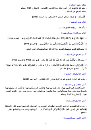 ‫دع اء دخول اللخالء ::‬
‫َ‬
‫ ب س َم هللا  ( الل ل ههـ َم إ ِ نهـ ي أعهـو ذ بهـ ك مهـ ن ا لل خهـ ب ث وا لل خب ا ئث.‬‫مُ ِ َ ِ َ َأْ مُ َأْ ِ َ َأْ َ ِ‬
‫ـّ مُ ِا ّ  َيّ‬
‫ِ َأْ ِ‬

‫]اللبخ ار ي 54/1 ومسلَم‬

‫دع اء اللخيروج من اللخالء ::‬
‫ غ فهـيرا نك.‬‫َ‬
‫مُ َأْ‬

‫]أخيرجه أصح اب اللسنن إال اللنس ائ ي، زاد اللمع اد 783/2 [‬

‫اللذكير ع هـ نو د اللوضوء ::‬
‫ ب س َم هللا.‬‫ِ َأْ ِ‬

‫]إرواء اللغليل 221/1 [‬

‫اللذكير بعو د اللفيراغ من اللوضوء ::‬
‫1 - أ َ ش ه و د أ َ ن ال إ ِ للهـ ه إ ِ ال ـّ هللا و ح و د  ه ال شيريهـ ك للهـ ه و أ َ ش ه و د أ َ نِا ّ م ح مهـو دا ع بهـ و د  ه و رسهـو للهـه.‬
‫مُ‬
‫َ َأْ مُ مُ َ َ‬
‫مُ َ ـّ‬
‫َ َ مُ َ َأْ َ مُ‬
‫َ‬
‫مُ َ َأْ َ مُ‬
‫َ َ‬
‫َأْ َ مُ َأْ‬
‫2 - الل ل ههـ َم ا ج علنهـ ي م ن الل تهـ وابي ن وا ج عهـ لن ي م ن اللم ت ط ههـيرين.‬
‫َ َ ـّ‬
‫ِ َ‬
‫َ َ َأْ َ َأْ‬
‫ِ َ ِا ّ ـّ‬
‫ـّ مُ ِا ّ َأْ َ‬

‫]مسلَم 902/1 [‬

‫]اللتيرمذ ي 87/1 [‬

‫َأْ َ َأْ ِ مُ َ َ َ‬
‫3 - س بحهـ ا ن ك الل ل ههـ َم و ب حم و د ك أ َ ش ههـ و د أ َ ن ال إلل ه إ ِ ال ـّ أ َ ن ت أ َ س ت غ ف ير  ك و أتو ب إ ِ للهـ يك.‬
‫مُ َ َأْ‬
‫َأْ َ‬
‫ِ َ‬
‫َأْ َ مُ َأْ‬
‫َ َ ـّ مُ ِا ّ َ ِ َ ِ‬
‫مُ َأْ‬
‫أذك ار اللخيروج من اللمنزل ::‬
‫1 - ب س َم هللا ، ت و ك لهـ ت على هللا وال ح و ل وال قهـ و ة إ ِ ال ـّ ب اللله.‬
‫ِ‬
‫مُ ِا ّ َ‬
‫َ َأْ َ َ‬
‫ِ َ‬
‫ِ َ َ ِا ّ َأْ مُ َ‬
‫ِ َأْ ِ‬

‫]أبو داود 523/4 واللتيرمذ ي 094/5‬

‫َ‬
‫َأْ َأْ َ َ َأْ مُ َأْ َ َ‬
‫2 - الل ل ههـ َم إ ِ نهـ ي أعهـو ذ ب ك أ َ ن أ َ ضهـ ل أ َ و أ مُ ضهـل ، أ َ و أ َ ز ل أ َ و أ مُ زل ، أ َ و أ َ ظ لهـ َم أ َ و أ َمُ ظ لهـَم ، أ َ و أ َ ج ه ل أ َ و يهـ ج ه ل‬
‫َأْ َ‬
‫َأْ ِ َ َأْ‬
‫َأْ‬
‫َأْ ِ ِا ّ َأْ َ‬
‫َ‬
‫ِ ِا ّ َأْ‬
‫مُ ِ َ َأْ‬
‫ـّ مُ ِا ّ  َيّ‬
‫ع لهـ  ي .‬
‫َ َ ـّ‬

‫]صحيح اللتيرمذ ي 251/3 [‬

‫أذك ار اللو دخول إللى اللمنزل ::‬
‫ ب سهـ َم هللا و لل جنهـ ا، و ب سهـ َم هللا خهـ ير جنهـ ا، و علهـى ر بنهـ ا ت و ك لهـن ا.‬‫َ َ ـّ َأْ‬
‫َ  َيّ‬
‫َ َ‬
‫ِ َ َ َأْ‬
‫َ ِ َأْ ِ‬
‫ِ َ َ َأْ‬
‫ِ َأْ ِ‬

‫]أبو داود 523/4 [‬

‫أذك ار اللذه اب إللى اللمسجو د ::‬
‫ الل ل ههـ َم ا ج عهـ ل ف ي ق لبهـ ي نورا ، وف ي للسهـ ان ي نورا، وا ج عهـ ل ف ي س مع ي نورا، وا ج عهـ ل ف ي ب صير ي نورا،‬‫َ َ‬
‫َ َأْ َ َأْ‬
‫َ َأْ‬
‫َ َأْ َ َأْ‬
‫ِ‬
‫َ‬
‫َ َأْ‬
‫ـّ مُ ِا ّ َأْ َ َأْ‬
‫َ ِ َأْ َ‬
‫وا ج عهـ ل م ن خ لف ي نورا، و م ن أم امهـ ي نورا، وا ج عهـ ل م ن ف وقهـ ي نورا ، و من ت حتهـ ي نورا .الل ل ههـ َمِا ّ أ َ ع طنهـ ي‬
‫َأْ ِ‬
‫ـّ مُ‬
‫َ َأْ‬
‫َ ِ‬
‫َ َأْ َ َأْ ِ َأْ َ َأْ‬
‫َ َأْ َ َأْ ِ َأْ َ َأْ‬
‫نورا.‬

‫]اللبخ ار ي 611/11 ومسلَم‬

‫أذك ار اللو دخول لللمسجو د ::‬
‫َ‬
‫ أعو ذ ب اللل ه الل عيظيهـَم و ب و ج ههـ ه الل ك يريهـَم و س لطهـ ا نه الل قو ديهـَم م ن الل ش يهـط ا ن الل يرجهـيَم،] ب سهـ َم هللا، والل صال ة[‬‫ِا ّ مُ‬
‫َ‬
‫ِ َأْ ِ‬
‫ِا ّ‬
‫ِ‬
‫ـّ َأْ‬
‫ِ َ‬
‫َ‬
‫ِ‬
‫َ مُ َأْ‬
‫َ ِ‬
‫َ ِ َ َأْ ِ ِ‬
‫َ‬
‫ِ‬
‫مُ‬
‫] والل سال م على رسو ل هللا[، الل ل ههـ َم ا ف تهـ ح لل ي أ َ بوا ب ر ح مت هـك.‬
‫َ َ َأْ َ ِ‬
‫َأْ‬
‫ـّ مُ ِا ّ َأْ َ َأْ‬
‫ِ‬
‫َ‬
‫ِا ّ مُ َ‬
‫َ‬
‫1954 [‬
‫أذك ار اللخيروج من اللمسجو د ::‬
‫2‬

‫]أبو داود وانيظير صحيح اللج امع بيرقَم‬

 