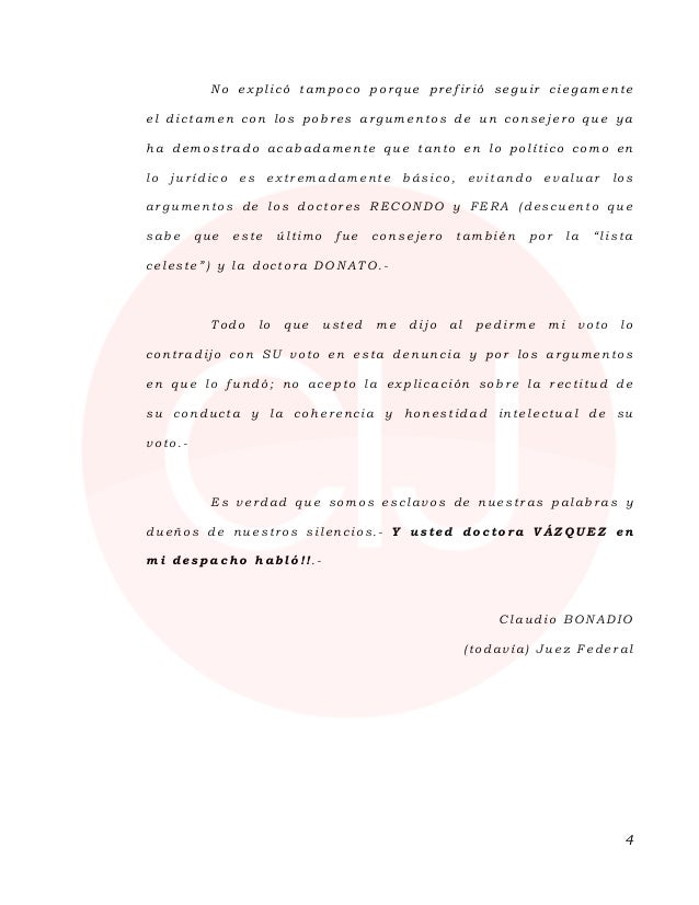 Carta del juez Bonadío a la presidenta del Consejo de la Magistratura