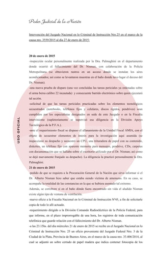 Poder Judicial de la Nación
USOOFICIAL
Intervención del Juzgado Nacional en lo Criminal de Instrucción Nro.25 en el marco de la
causa nro. 3559/2015 al día 27 de enero de 2015:
20 de enero de 2015
-inspección ocular personalmente realizada por la Dra. Palmaghini en el departamento
donde ocurrió el fallecimiento del Dr. Nisman, con colaboración de la Policía
Metropolitana (se obtuvieron rastros en un acceso donde se instalan los aires
acondicionados; así como se levantaron muestras en el baño donde tuvo lugar el deceso del
Dr. Nisman).
-una nueva prueba de disparo (una vez concluidas las tareas periciales ya ordenadas sobre
el arma bersa calibre 22 incautada) y consecuente barrido electrónico sobre quien ejecutará
tal acción.
-solicitud de que las tareas periciales practicadas sobre los elementos tecnológicos
secuestrados (notebooks, teléfonos fijos y celulares, discos rigidos, pendrives) sean
cumplidos por los especialistas designados en sede de este Juzgado o en la Fiscalía
interviniente (supletoriamente se supervisó esa diligencia en la División Apoyo
Tecnológico de la P.F.A.).
-ante el requerimiento fiscal se dispuso el allanamiento de la Unidad Fiscal AMIA, con el
objeto de secuestrar elementos de interés para la investigación aquí asumida (se
inspeccionó su despacho y secuestró un CPU, una trituradora de papel con su contenido,
diskettes, un teléfono fijo con aparente memoria para mensajes, pendrive, CDs, carpetas
con documentación que se hallaba sobre el escritorio utilizado por el Dr. Nisman; así como
se dejó nuevamente franjado su despacho). La diligencia la practicó personalmente la Dra.
Palmaghini.
21 de enero de 2015
-pedido de que se requiera a la Procuración General de la Nación que sirva informar sí el
Dr. Alberto Nisman hizo saber que estaba siendo víctima de amenazas. En su caso, se
acompañe la totalidad de las constancias en la que se hubiera asentado tal extremo.
Además, se corrobore sí en el baño dónde fuera encontrado sin vida el aludido Nisman
existe algún tipo de ventana de ventilación.
-nuevo oficio a la Fiscalía Nacional en lo Criminal de Instrucción Nº45, a fin de solicitarle
copia de todo lo allí actuado.
-requerimiento dirigido a la División Comando Radioeléctrico de la Policía Federal, para
que informe, en el plazo improrrogable de una hora, los registros de toda comunicación
telefónica que guarde relación con el fallecimiento del Dr. Alberto Nisman.
-a las 23.15hs. del día miércoles 21 de enero de 2015 se recibe en el Juzgado Nacional en lo
Criminal de Instrucción Nro. 25 un oficio proveniente del Juzgado Federal Nro. 3 de la
Ciudad de la Plata, Provincia de Buenos Aires, en el marco de la causa nro. 33.406/2014, al
cual se adjuntó un sobre cerrado de papel madera que indica contener fotocopia de los
 