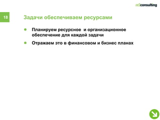18   Задачи обеспечиваем ресурсами

     ●   Планируем ресурсное и организационное
         обеспечение для каждой задачи
     ●   Отражаем это в финансовом и бизнес планах
 