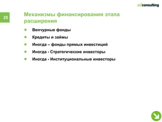 Механизмы финансирования этапа
25
     расширения
     ●   Венчурные фонды
     ●   Кредиты и займы
     ●   Иногда – фонды прямых инвестиций
     ●   Иногда - Стратегические инвесторы
     ●   Иногда - Институциональные инвесторы
 