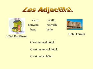 vieux 
nouveau 
vieille 
nouvelle 
beau belle 
Hôtel Kauffman 
Hotel Fermin 
C’est un vieil hôtel. 
C’est un nouvel hôtel. 
C’est un bel hôtel 
 