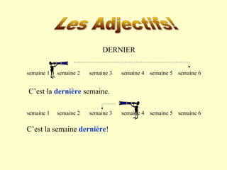 DERNIER 
semaine 1 semaine 2 semaine 3 semaine 4 semaine 5 semaine 6 
C’est la dernière semaine. 
semaine 1 semaine 2 semaine 3 semaine 4 semaine 5 semaine 6 
C’est la semaine dernière! 
 