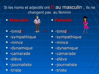 Si les noms et adjectifs ont E au masculin   , ils ne
              changent pas au féminin
    Masculin               Féminin

    -timide         =      -timide
    -sympathique           -sympathique
    -mince                 -mince
    -dynamique             -dynamique
    -camarade              -camarade
    -élève                 -élève
    -journaliste           -journaliste
    -triste                -triste
 