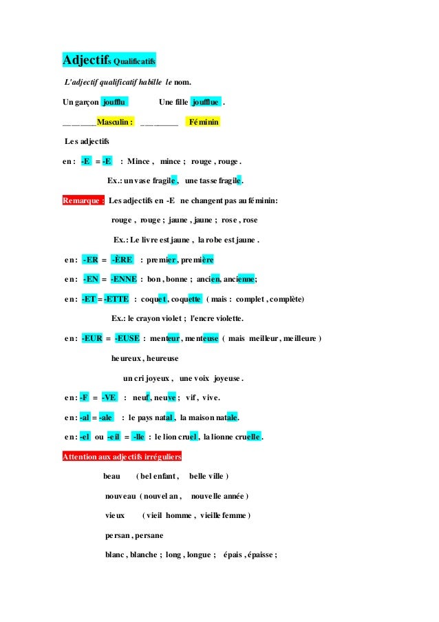 Adjectifs Qualificatifs