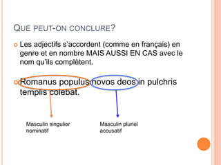 QUE PEUT-ON CONCLURE?
 Les adjectifs s’accordent (comme en français) en
genre et en nombre MAIS AUSSI EN CAS avec le
nom qu’ils complètent.
 Romanus populus novos deos in pulchris
templis colebat.
Masculin singulier
nominatif
Masculin pluriel
accusatif
 