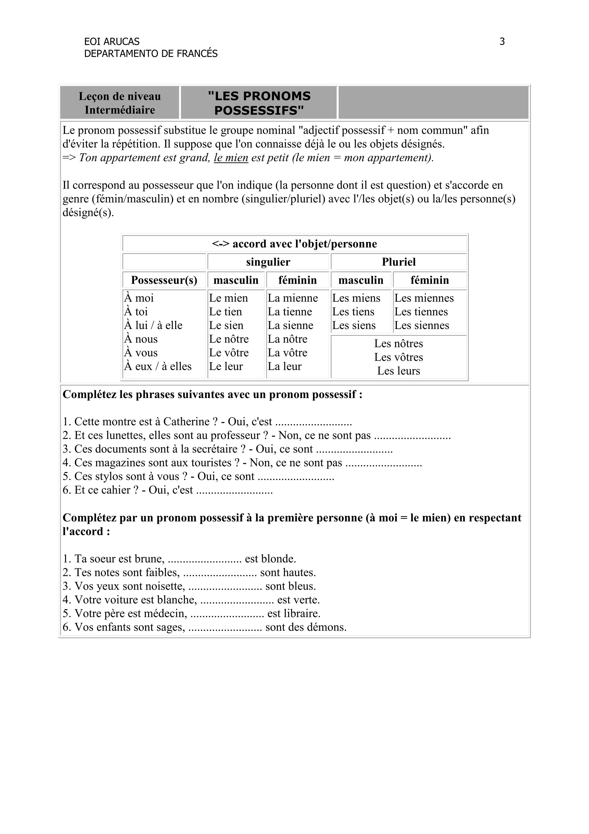 Adjectifs et pronoms possessifs exercices | PDF