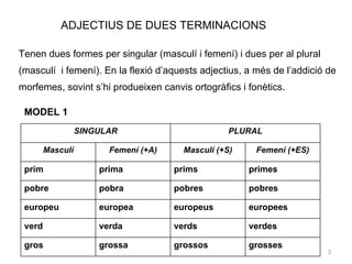 ADJECTIUS DE DUES TERMINACIONS

Tenen dues formes per singular (masculí i femení) i dues per al plural
(masculí i femení). En la flexió d’aquests adjectius, a més de l’addició de
morfemes, sovint s’hi produeixen canvis ortogràfics i fonètics.

 MODEL 1
                  SINGULAR                         PLURAL

        Masculí         Femení (+A)     Masculí (+S)    Femení (+ES)

 prim                 prima           prims            primes

 pobre                pobra           pobres           pobres

 europeu              europea         europeus         europees

 verd                 verda           verds            verdes

 gros                 grossa          grossos          grosses
                                                                         3
 