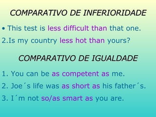 COMPARATIVO DE INFERIORIDADE This test is  less difficult than  that one. 2.Is my country  less hot than  yours?  COMPARATIVO DE IGUALDADE 1. You can be  as competent as  me.  2. Joe´s life was  as short as  his father´s. 3. I´m not  so/as smart as  you are. 