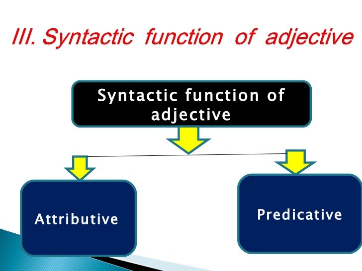 Derivative adjectives. Attributive and predicative adjectives. attribute and predicative. syntactic functions of adjectives. attributive position.