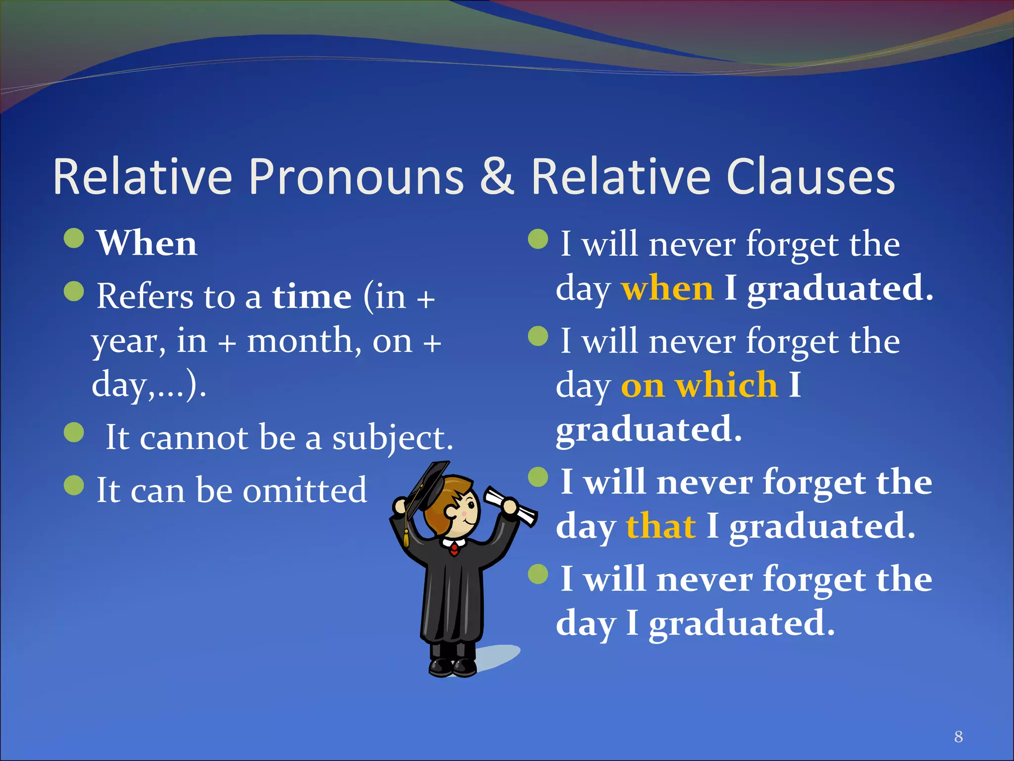 Relative Pronouns & Relative Clauses
When
Refers to a time (in +
year, in + month, on +
day,...).
 It cannot be a subject.
It can be omitted
I will never forget the
day when I graduated.
I will never forget the
day on which I
graduated.
I will never forget the
day that I graduated.
I will never forget the
day I graduated.
8
 