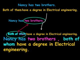Nancy has two brothers.
Both of them have a degree in Electrical engineering.
, both of whom
Nancy has two brothers , both of
whom have a degree in Electrical
engineering.
Nancy has two brothers.
Both of them have a degree in Electrical engineering.
 