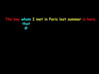 The boy whom I met in Paris last summer is here.
that
Ø
 