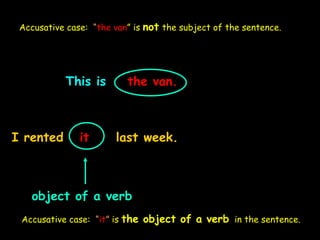 This is the van.
I rented it last week.
object of a verb
Accusative case: “it” is the object of a verb in the sentence.
Accusative case: “the van” is not the subject of the sentence.
 