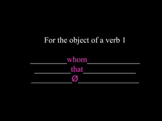 For the object of a verb 1
_________whom_____________
_________that_____________
__________Ø_______________
 