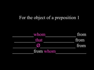 For the object of a preposition 1
_________whom_____________ from
_________that _____________ from
__________Ø_______________ from
_________from whom_____________
 