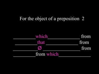 For the object of a preposition 2
_________which_____________ from
_________that _____________ from
__________Ø _______________ from
_________from which_____________
 