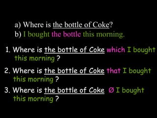 a) Where is the bottle of Coke?
b) I bought the bottle this morning.
_____________________________________
_________
1. Where is the bottle of Coke which I bought
this morning ?
2. Where is the bottle of Coke that I bought
this morning ?
3. Where is the bottle of Coke Ø I bought
this morning ?
 