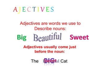 A J E C T I V E S
Adjectives are words we use to
Describe nouns:
Adjectives usually come just
before the noun:
The Cat
 