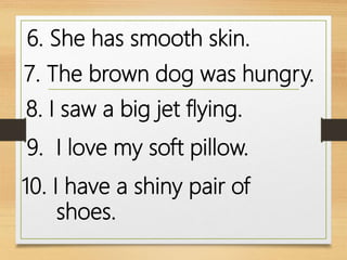 6. She has smooth skin.
7. The brown dog was hungry.
8. I saw a big jet flying.
9. I love my soft pillow.
10. I have a shiny pair of
shoes.