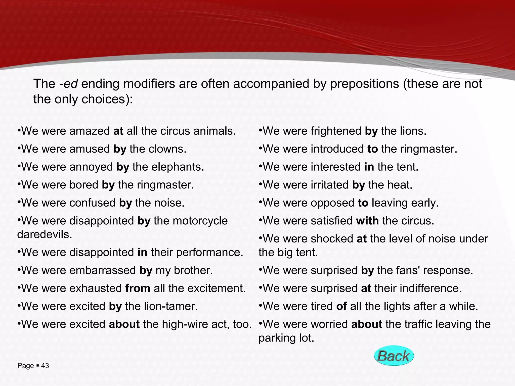 Page  43
The -ed ending modifiers are often accompanied by prepositions (these are not
the only choices):
•We were amazed at all the circus animals.
•We were amused by the clowns.
•We were annoyed by the elephants.
•We were bored by the ringmaster.
•We were confused by the noise.
•We were disappointed by the motorcycle
daredevils.
•We were disappointed in their performance.
•We were embarrassed by my brother.
•We were exhausted from all the excitement.
•We were excited by the lion-tamer.
•We were excited about the high-wire act, too.
•We were frightened by the lions.
•We were introduced to the ringmaster.
•We were interested in the tent.
•We were irritated by the heat.
•We were opposed to leaving early.
•We were satisfied with the circus.
•We were shocked at the level of noise under
the big tent.
•We were surprised by the fans' response.
•We were surprised at their indifference.
•We were tired of all the lights after a while.
•We were worried about the traffic leaving the
parking lot.
 
