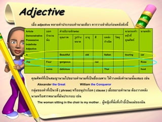 Adjective
       เมื่อ adjective หลายคาประกอบคานามเดียว ควรวางลาดับก่อนหลังดังนี้
 Article          บอก       คาอธิบายลักษณะ                                   นามรองทา นามหลัก
 Demonstrative    จานวน     คุณภาพ      รูปร่าง   อายุ   สี    แหล่ง วัสดุ   หน้าที่
 Possessive       นับ                   ขนาด                   กาเนิด        คุณศัพท์
 Indefinite
 Adjective
 A                          Beautiful             old          Italian       touring    car
 The              Four      gorgeous                     red                            Rose
                  some      delicious                          Thai                     food

       คุณศัพท์ที่เป็นสมญานามไปขยายคานามที่เป็นชื่อเฉพาะ ให้วางหลังคานามนั้นเสมอ เช่น
            Alexander the Great            William the Conqueror
       กลุ่มของคาที่เป็นวลี ( phrase) หรืออนุประโยค ( clause ) เมื่อขยายคานาม ต้องวางหลัง
       นามหรือสรรพนามที่มันประกอบ เช่น
            The woman sitting in the chair is my mother . ผู้หญิงที่นั่งที่เก้าอี้เป็นแม่ของฉัน
 