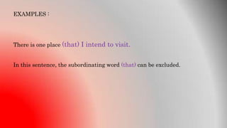 EXAMPLES :
There is one place (that) I intend to visit.
In this sentence, the subordinating word (that) can be excluded.
 