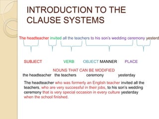 INTRODUCTION TO THE CLAUSE SYSTEMS The headteacher invitedall the teachers to his son’s wedding ceremony yesterday. SUBJECT	VERB OBJECT MANNER       PLACE    TIME NOUNS THAT CAN BE MODIFIED the headteacher	the teachers 	ceremony	yesterday The headteacher who was formerly an English teacher invited all the teachers, who are very successful in their jobs, to his son’s wedding ceremony that is very special occasion in every culture yesterday when the school finished. 