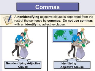 Commas
     A nonidentifying adjective clause is separated from the
     rest of the sentence by commas. Do not use commas
     with an identifying adjective clause.




The map, which is on
Nonidentifying Adjective        The map which is on the
                                     Identifying
the table, is new.
        Clause                  table is new. Clause
                                    Adjective
 
