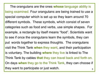 8 
The orangutans are the ones whose language ability is 
being examined. Four orangutans are being trained to use a 
special computer which is set up so they learn around 70 
different symbols. These symbols, which consist of seven 
categories such as food and verbs, use simple shapes. For 
example, a rectangle by itself means “food”. Scientists want 
to see if once the orangutans learn the symbols, they can 
put words together to express thoughts. The orangutans 
visit the Think Tank when they want, and their participation 
is voluntary. The building where they live is linked to The 
Think Tank by cables that they can travel back and forth on. 
On days when they go to the Think Tank, they can choose if 
they want to participate or just watch. 
 