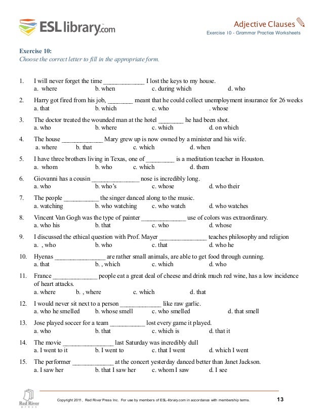 Adjective Clause Worksheet