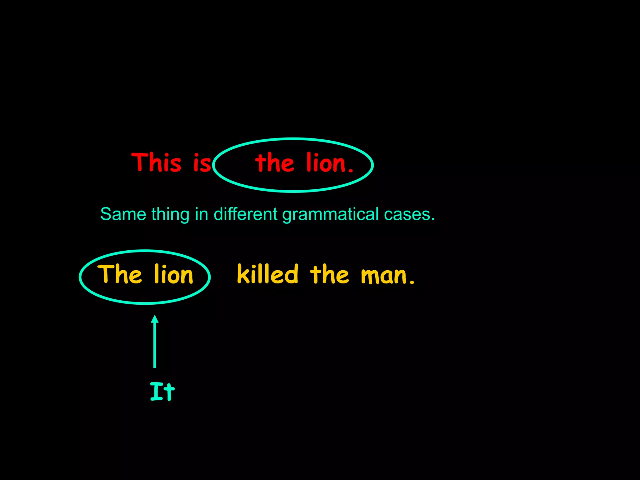 This is the lion.
The lion killed the man.
Same thing in different grammatical cases.
It
 