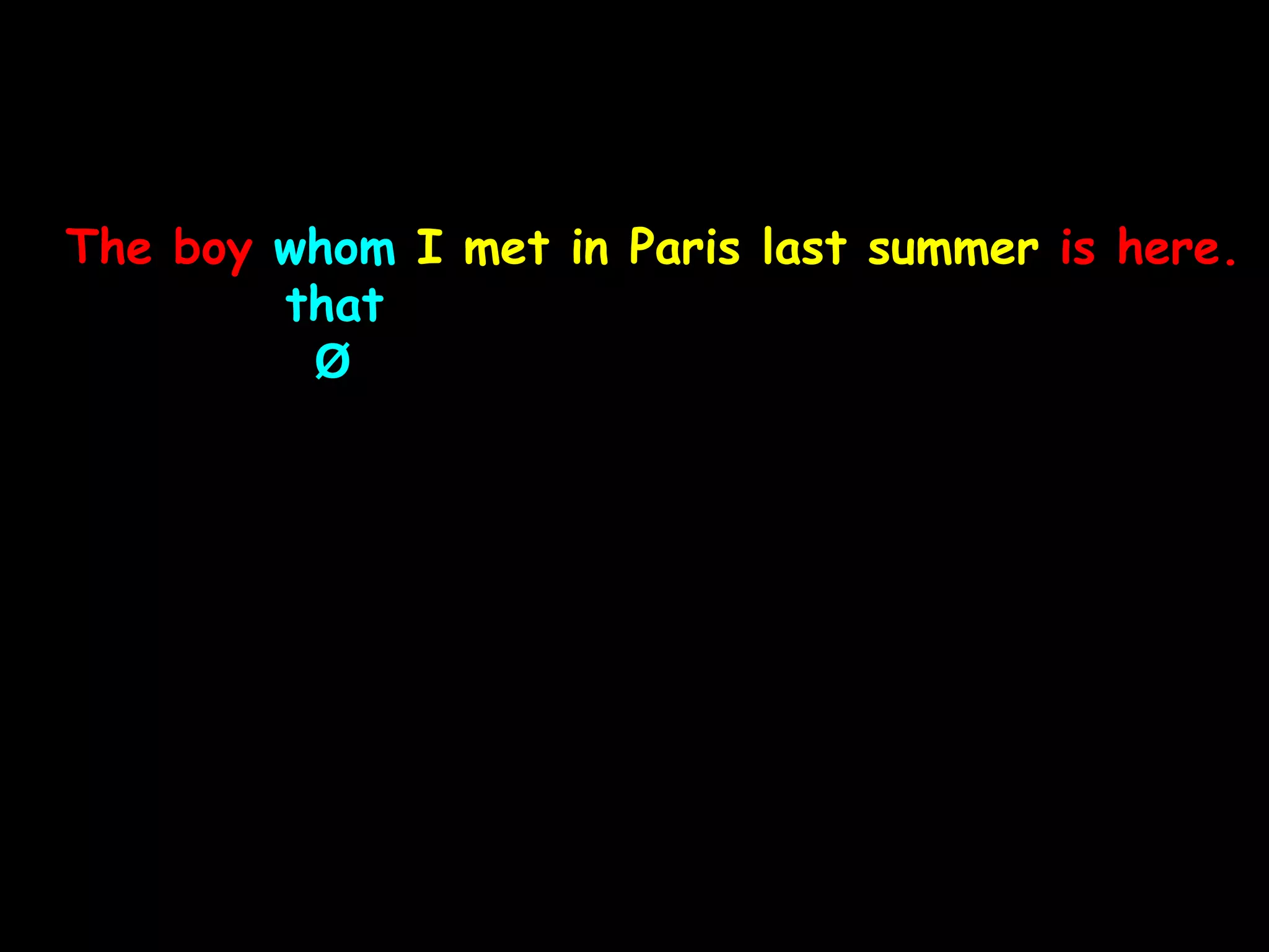 The boy whom I met in Paris last summer is here.
that
Ø
 