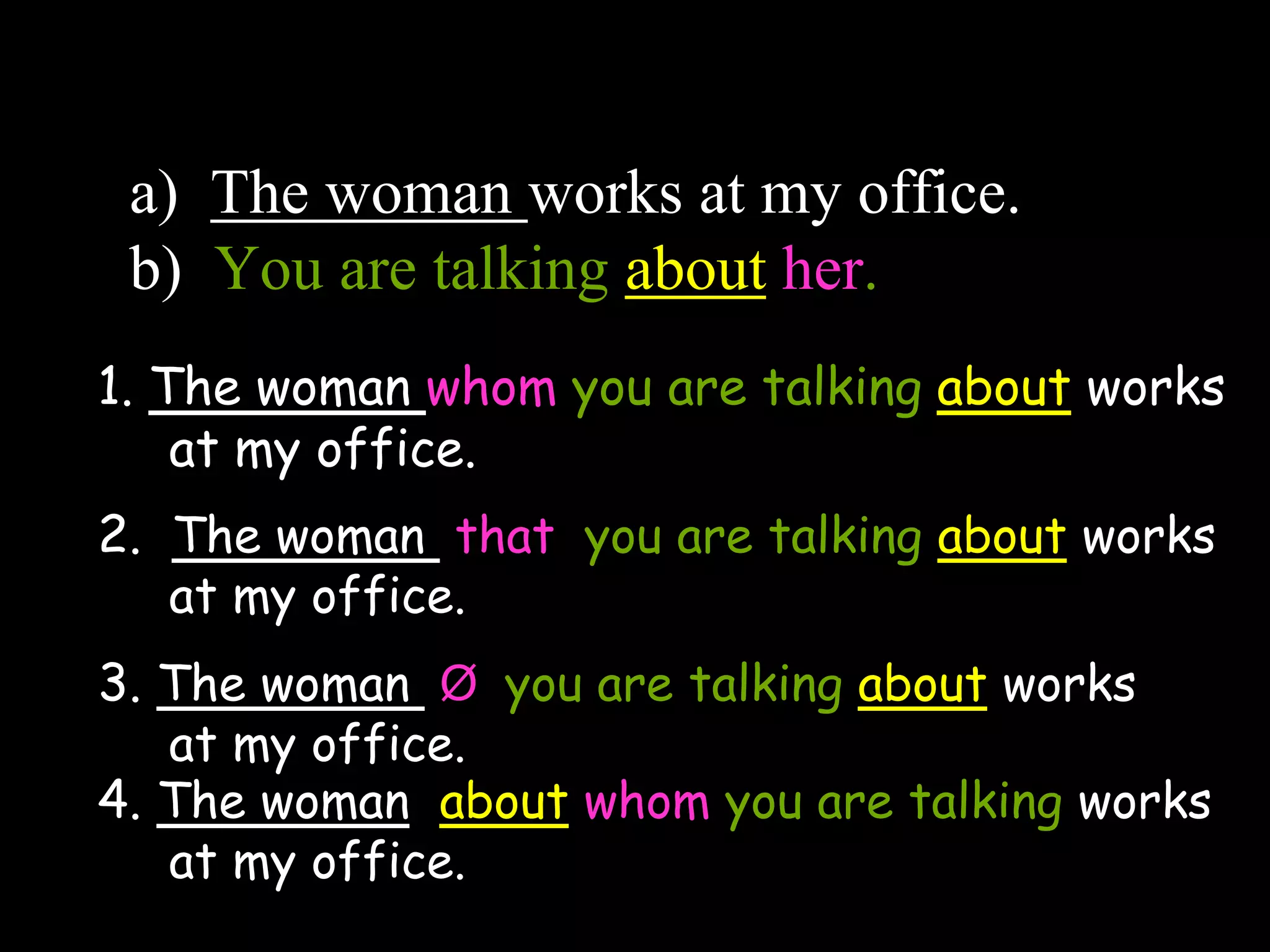 a) The woman works at my office.
b) You are talking about her.
_________________________________
_________________________________
_________________________________
1. The woman whom you are talking about works
at my office.
2. The woman that you are talking about works
at my office.
3. The woman Ø you are talking about works
at my office.
4. The woman about whom you are talking works
at my office.
 