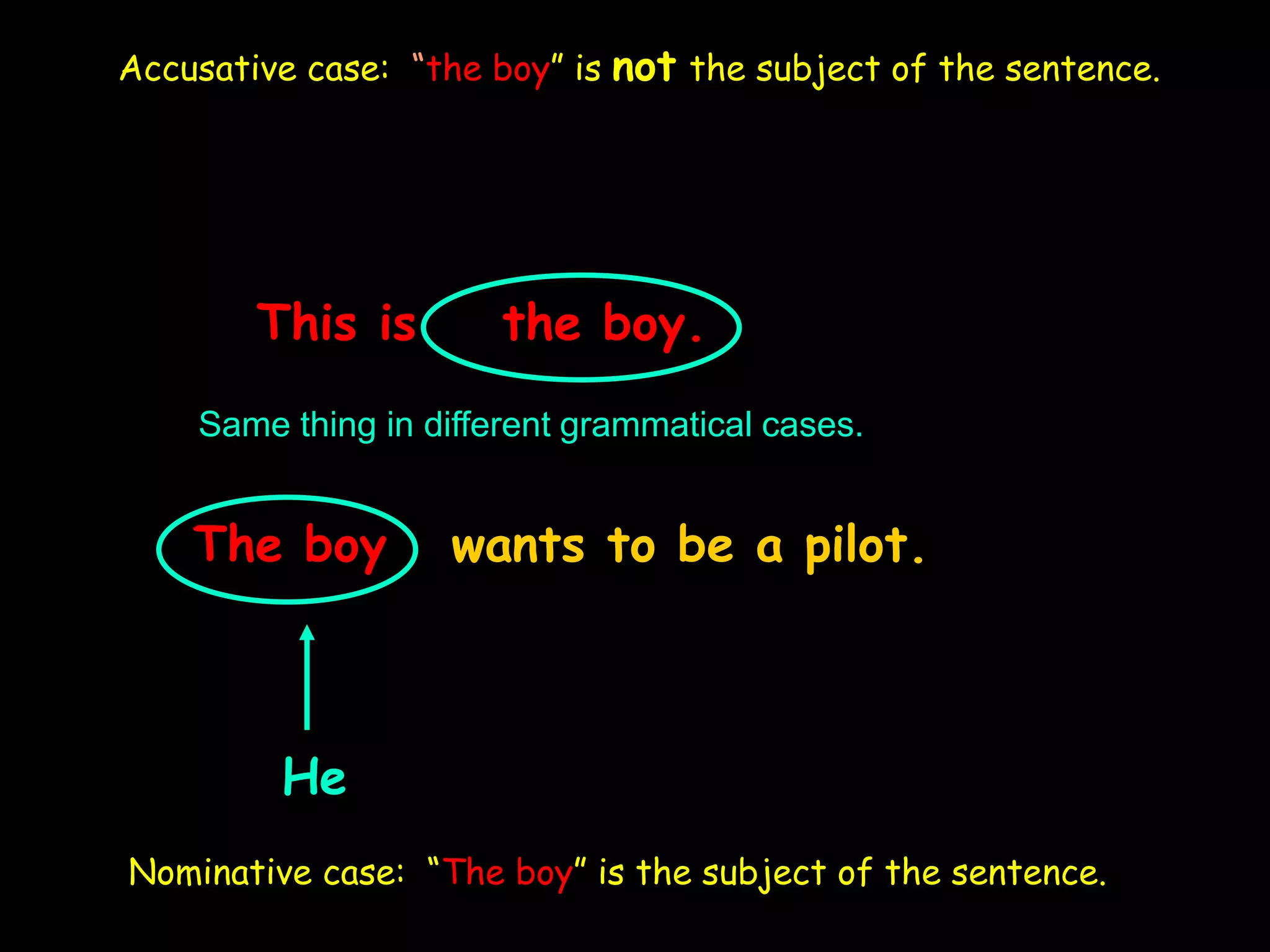 This is the boy.
The boy wants to be a pilot.
Same thing in different grammatical cases.
He
Accusative case: “the boy” is not the subject of the sentence.
Nominative case: “The boy” is the subject of the sentence.
 