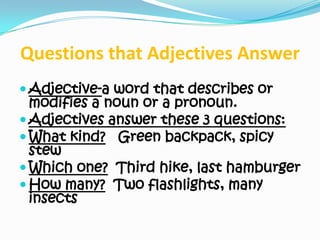 Questions that Adjectives Answer Adjective-a word that describes or modifies a noun or a pronoun. Adjectives answer these 3 questions:What kind?   Green backpack, spicy stewWhich one?  Third hike, last hamburgerHow many?  Two flashlights, many insects