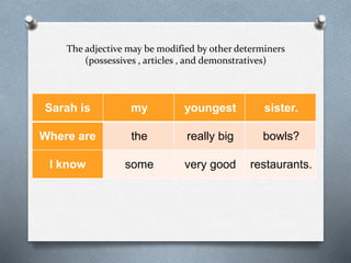 The adjective may be modified by other determiners
(possessives , articles , and demonstratives)
Sarah is my youngest sister.
Where are the really big bowls?
I know some very good restaurants.