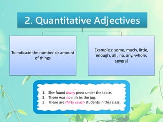 2. Quantitative Adjectives 
To indicate the number or amount 
of things 
Examples: some, much, little, 
enough, all , no, ...